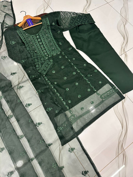Heavy Embroidered Shirt  With Pearls Attach 3pc Dress