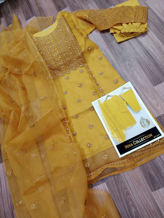 Heavy Embroidered Shirt  With Pearls Attach 3pc Dress